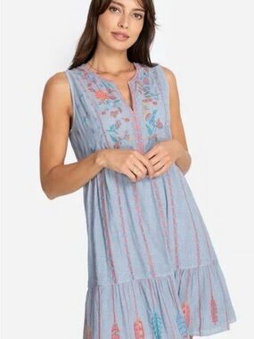 Johnny Was Bereginia Workshop Boho Blue Sleeveless Embroidered Tank Mini Dress